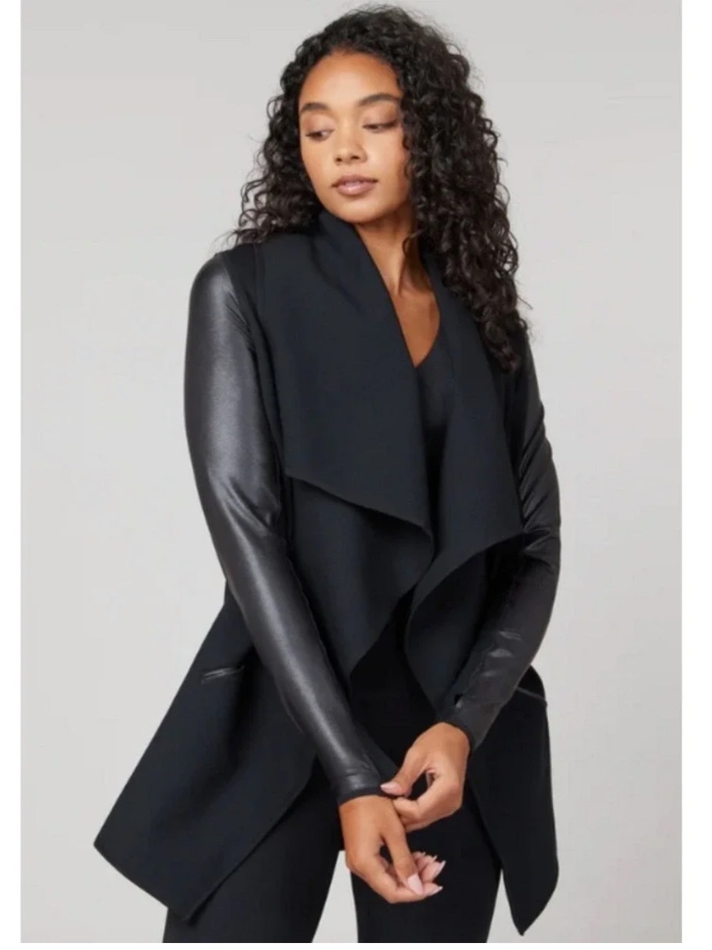 SPANX Black Draped Open-Front Jacket with Faux Leather Sleeves